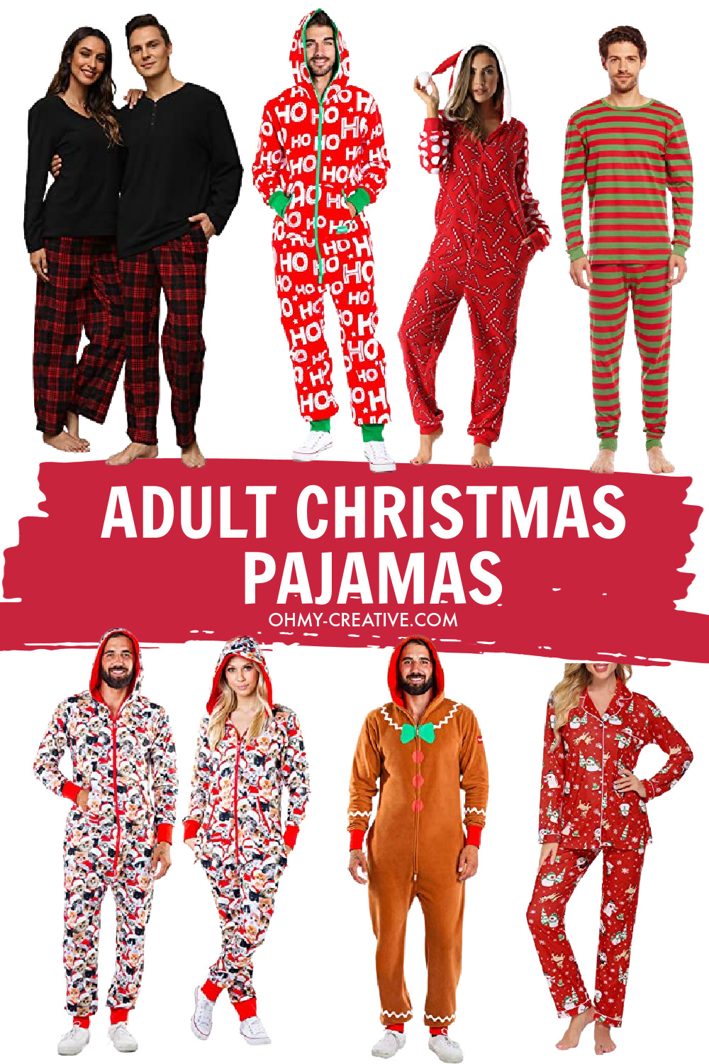 A collage of adult Christmas pajamas including onesie styles and 2 piece sets.
