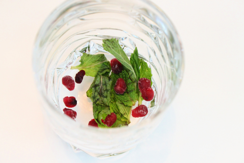 Mint leaves and pomegranate arils in a glass 