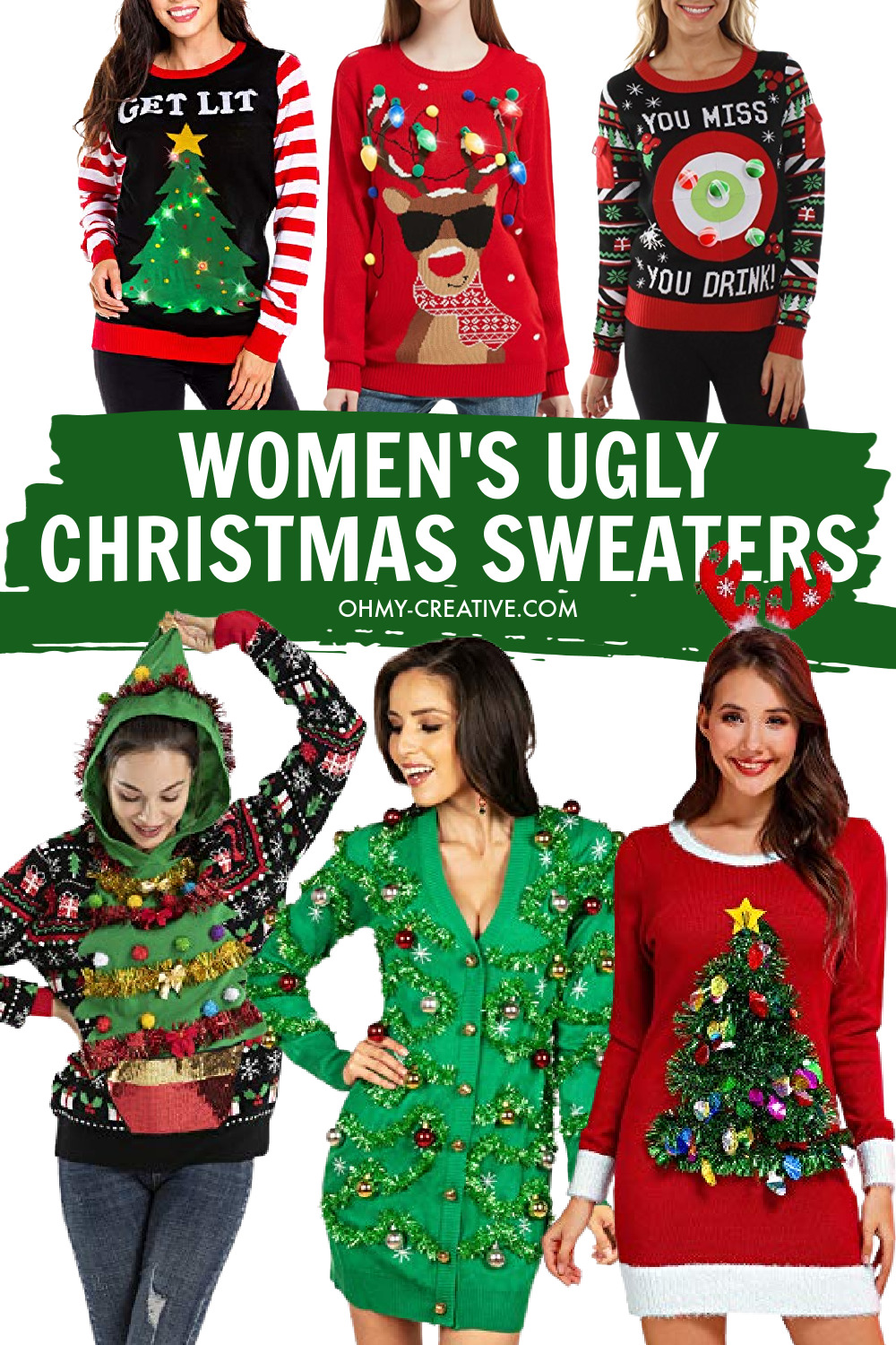 A collage of women's ugly Christmas sweater to purchase.