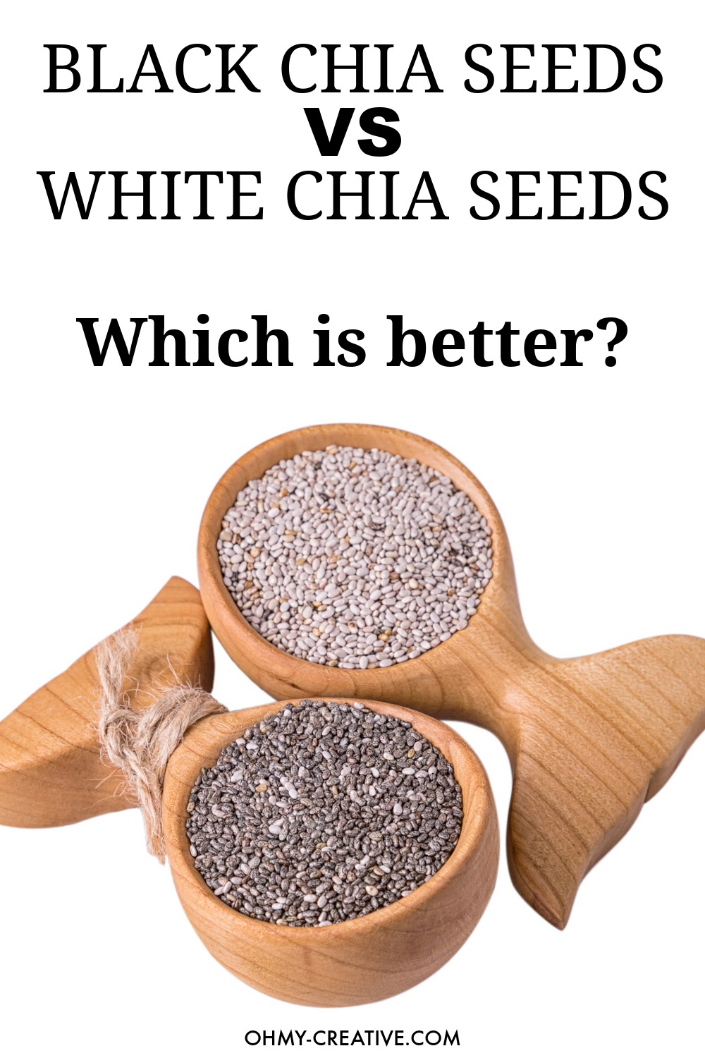 Two wooden scoops. one with white chia seeds and one with black chia seeds.