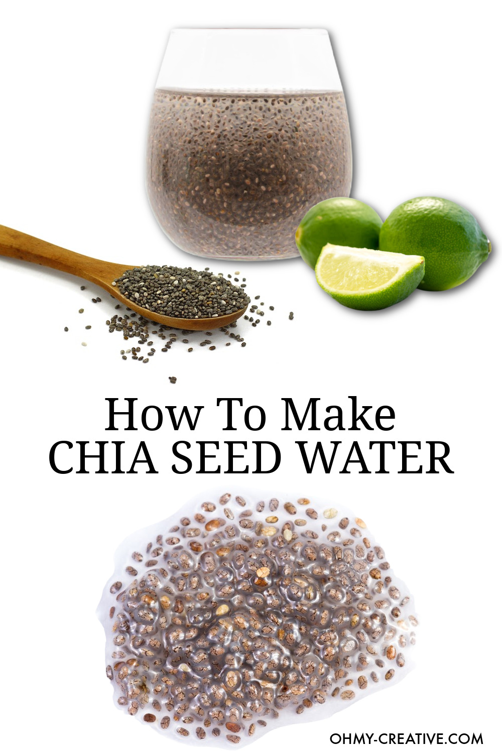 How to make chia seed water. Showing a wooden spoon with chia seeds, slices of lime and a glass of chia seed water. At the bottom is a drizzle of chia seeds expanded in water.