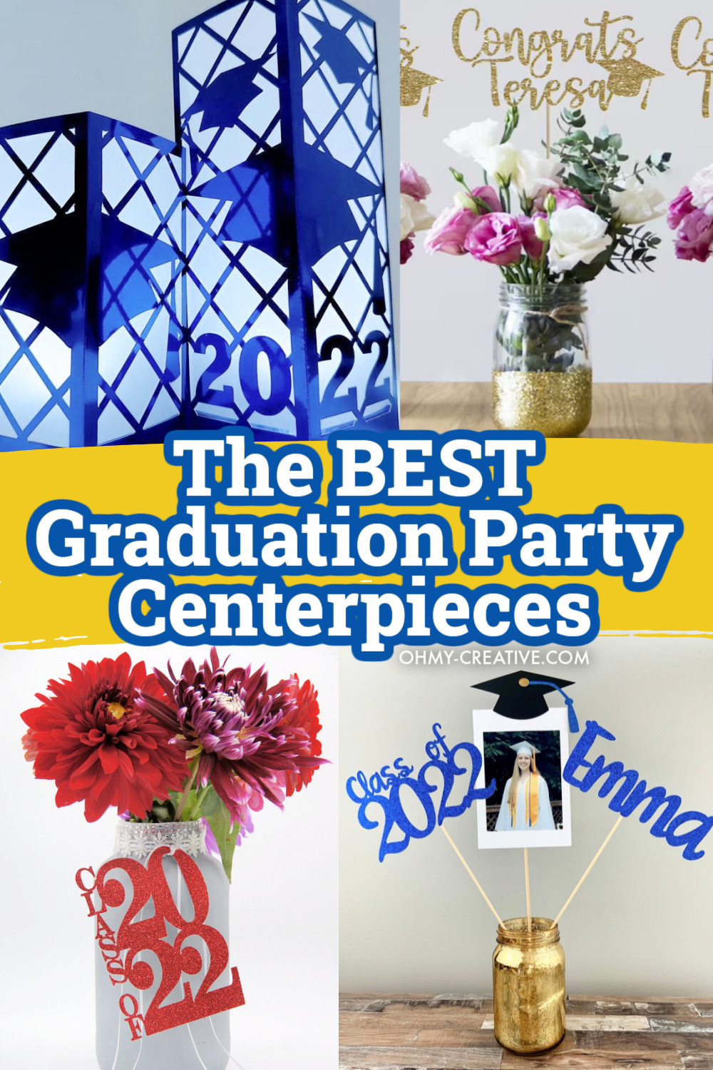A four picture collage of the best graduation party centerpieces!