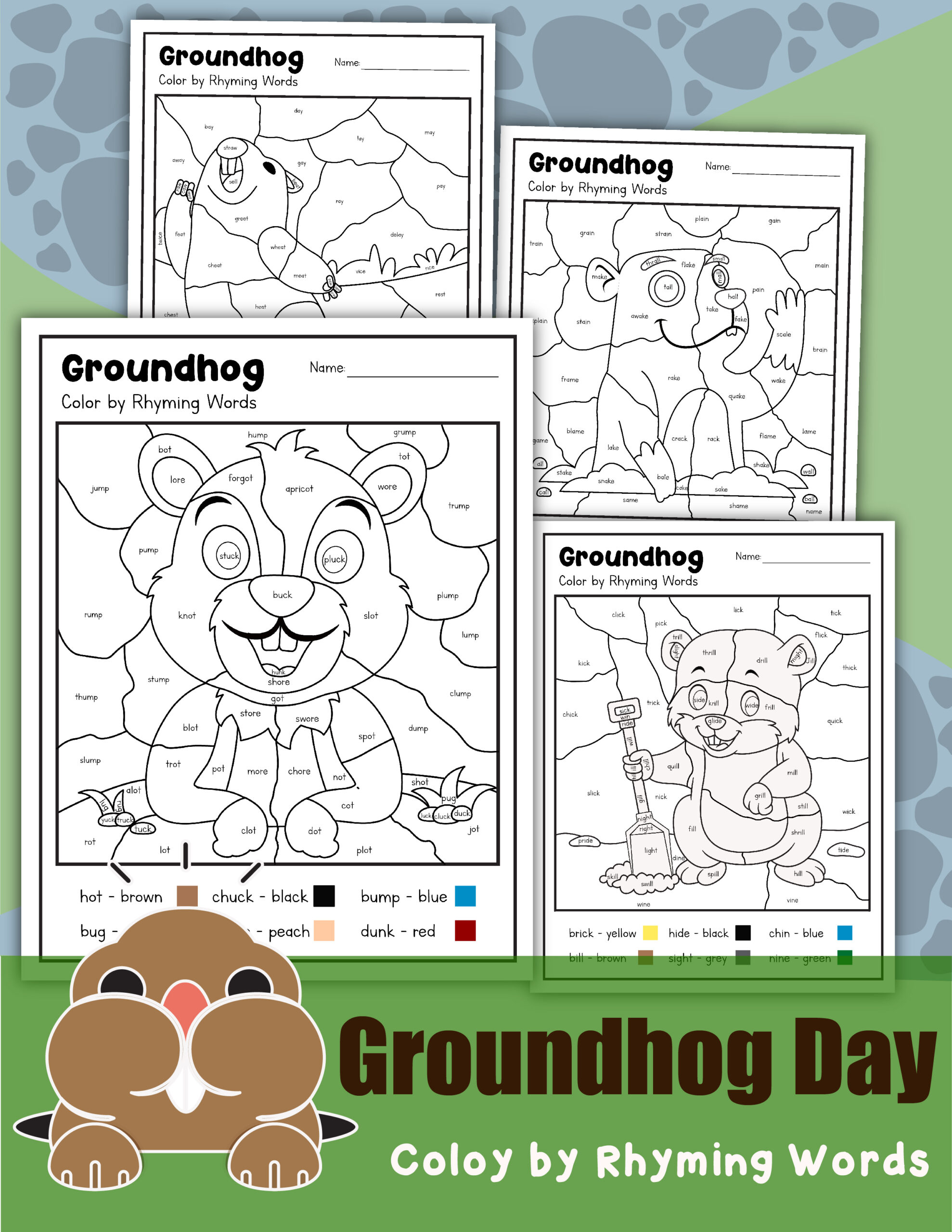 A collage of Groundhog Day coloring sheets using rhyming words.