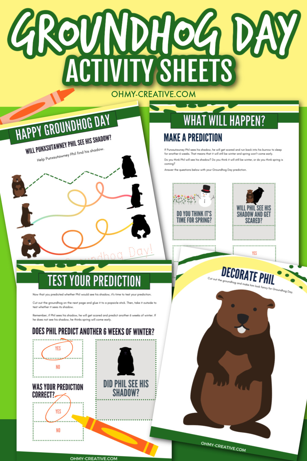 A collage of four printable Groundhog Day Activity pages for kids especially preschoolers.