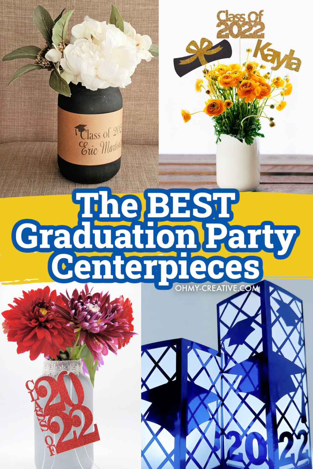 A four picture collage of the best graduation party centerpieces!