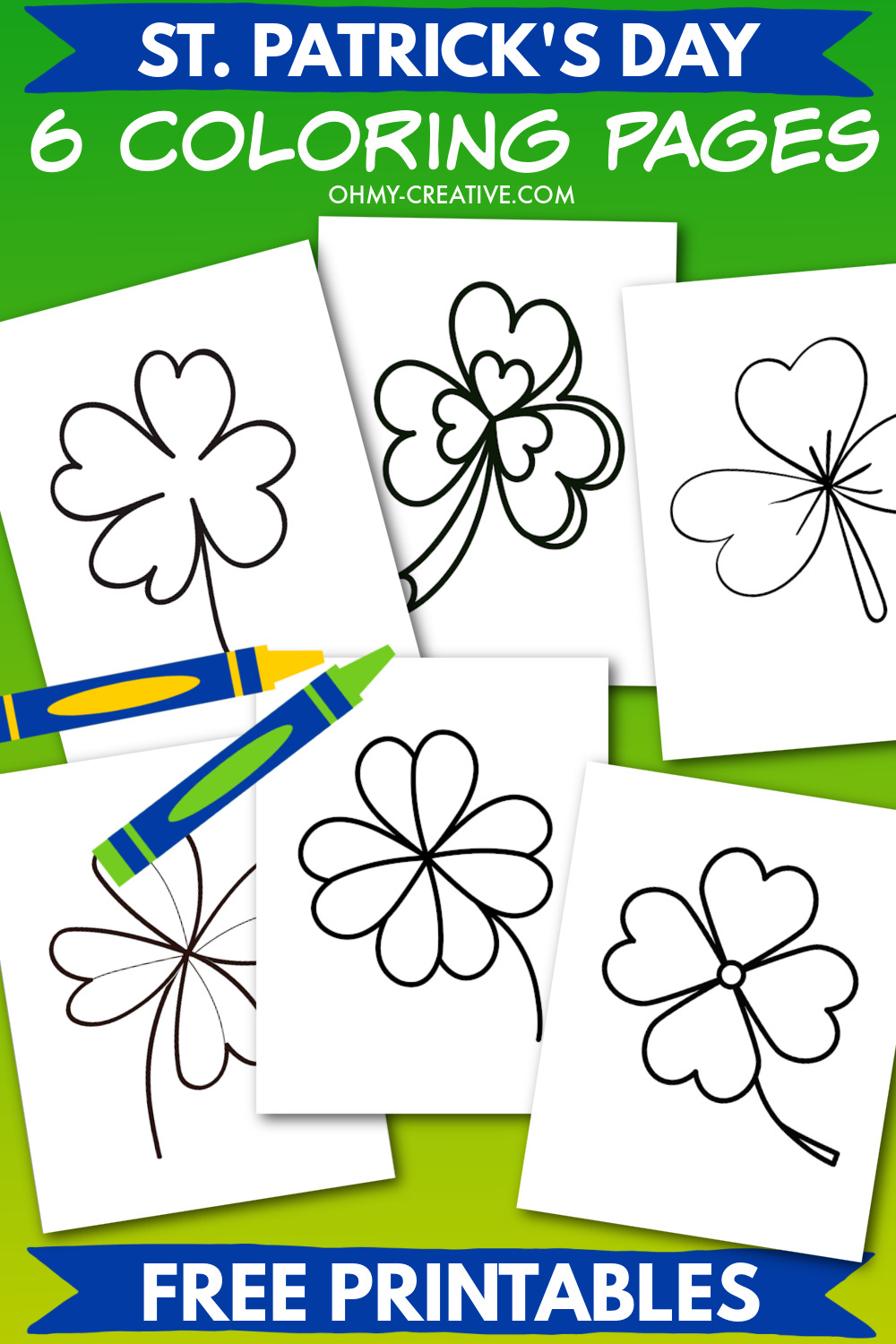 A collage of 6 free printable shamrock templates. Each template is a different style of black line art shamrock.