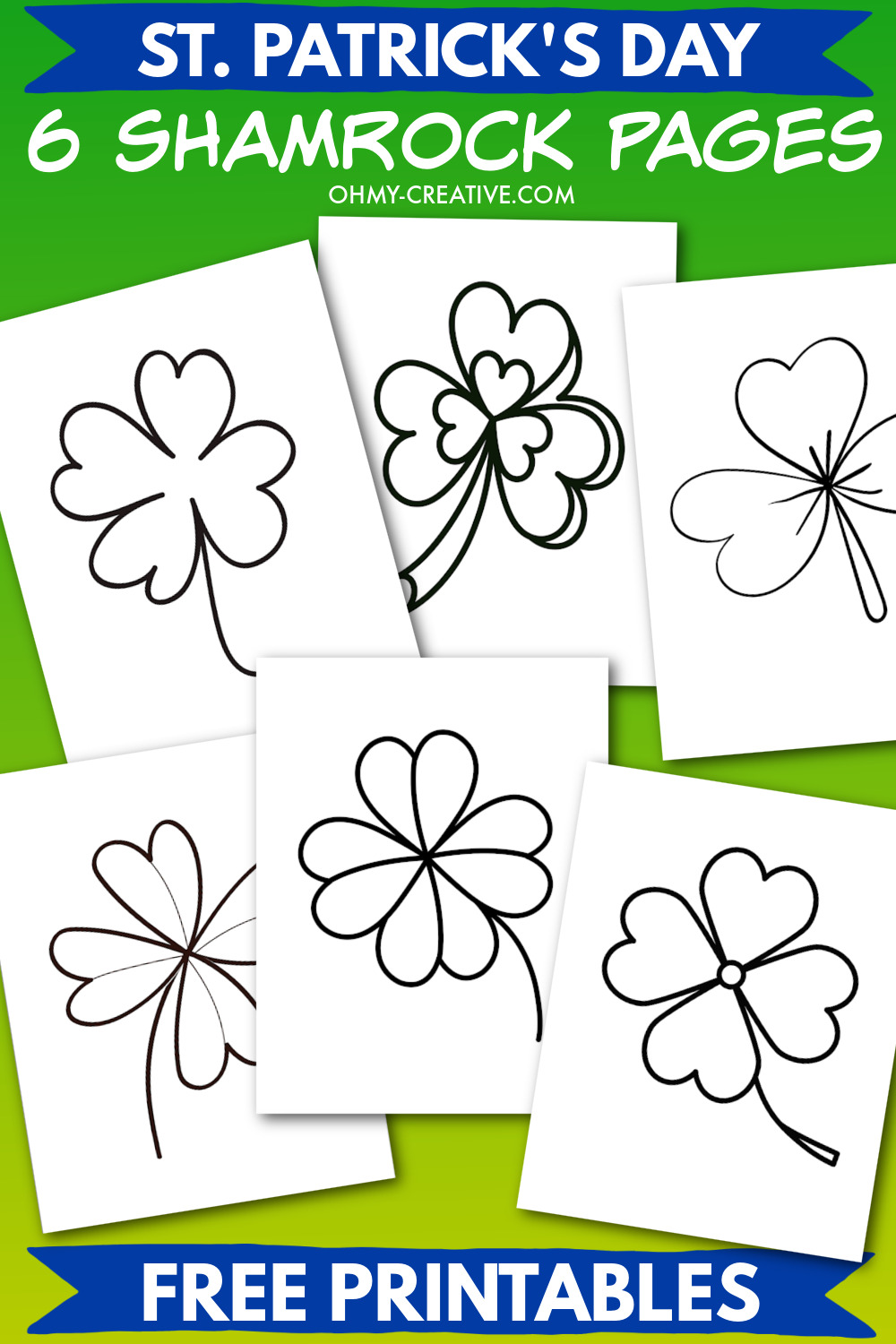 A collage of 6 free printable shamrock templates. Each template is a different style of black line art shamrock.