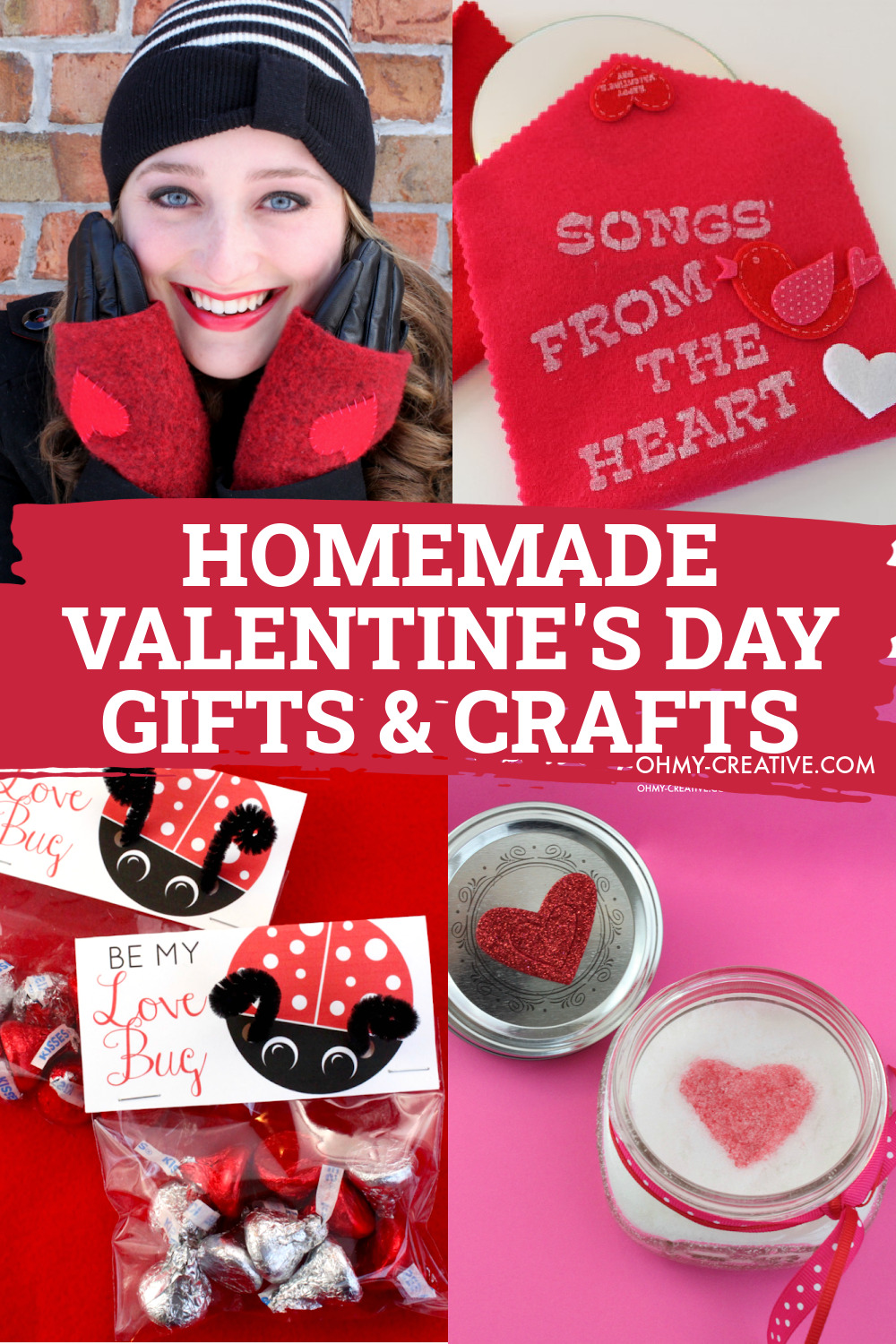 Creative Valentine's Day Crafts including heart fingerless gloves, heart sugar scrub and Valentine's Day Treat bags for kids.