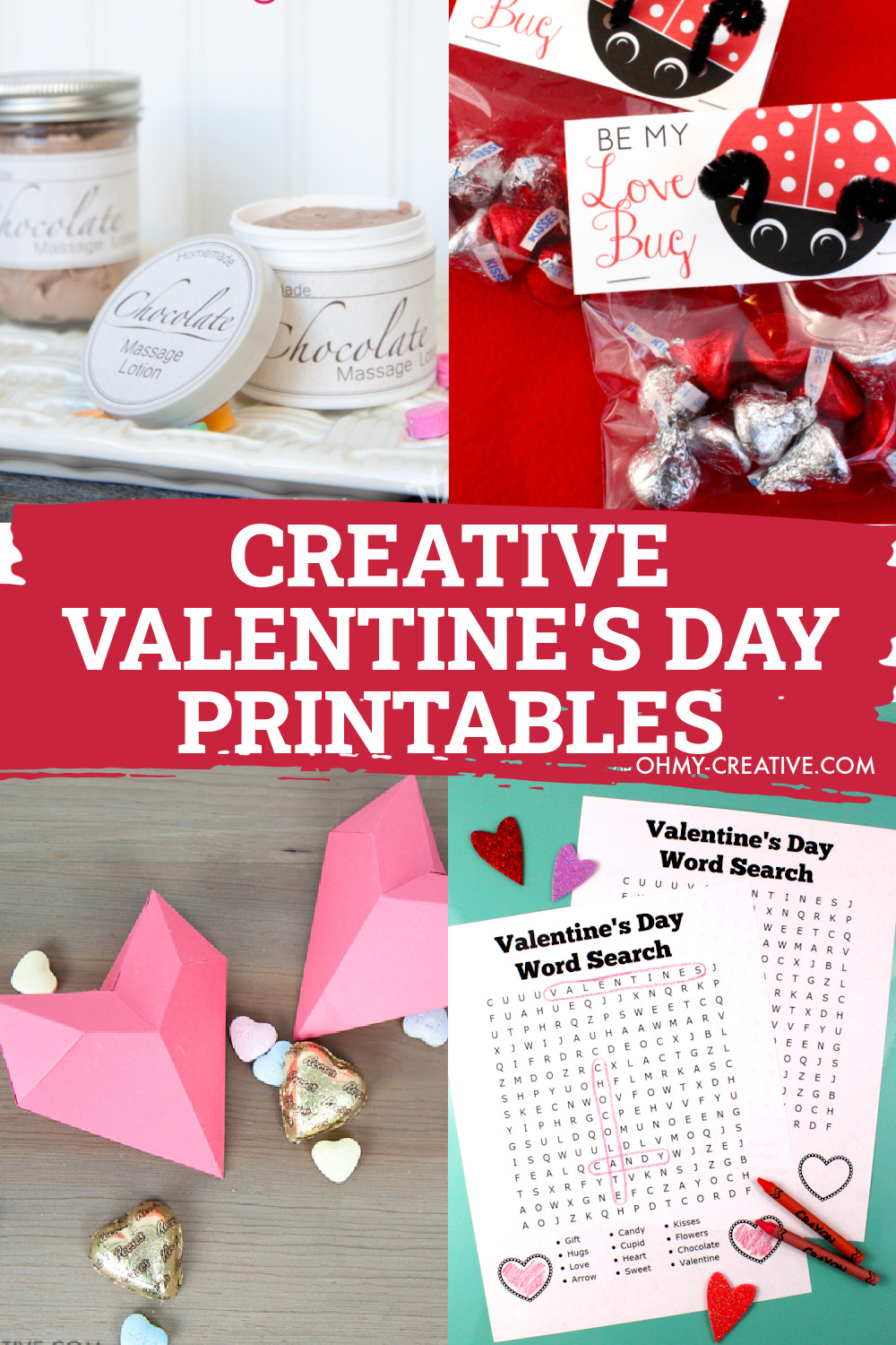 Valentine's printables include a Valentine's Day word search, 3D heart box and Valentine's Day treat bag topper printables.