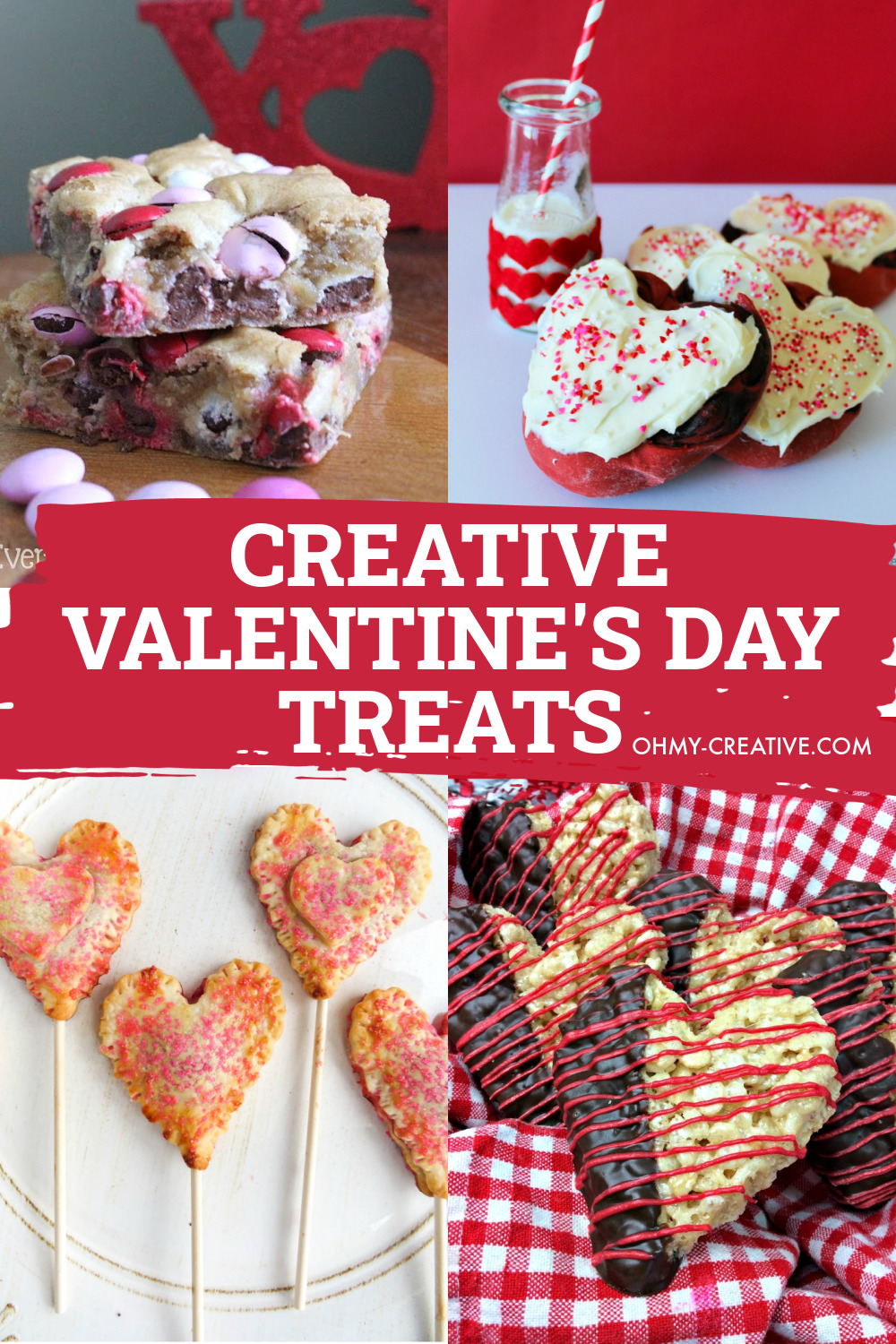 Tasty creative Valentine's Day ideas and treats including heart coffee cakes, heart shaped pies, heart shaped rice krispie treats.