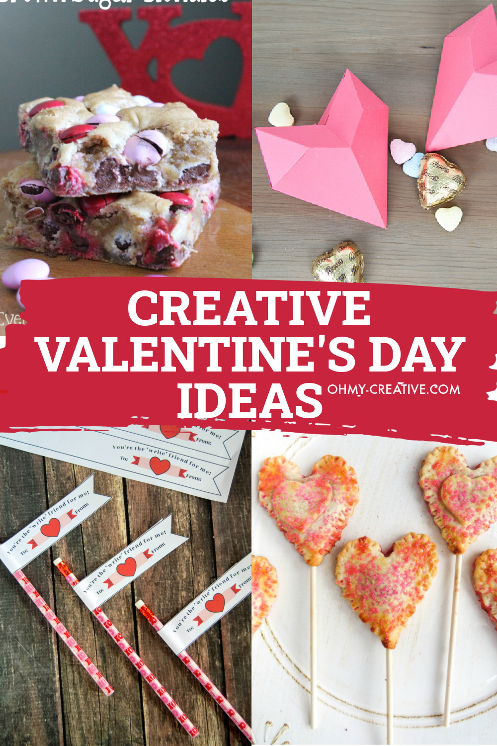 A collage of creative Valentine's Day ideas including recipes, free printables and Valentine's Day treats.
