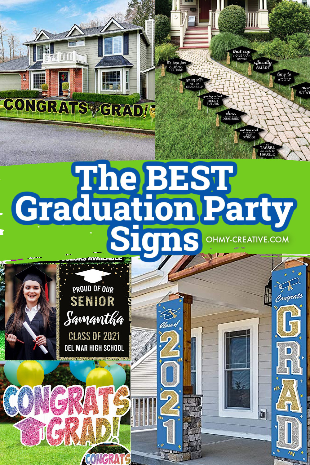 A collage of graduation party signs displayed in the front of homes.