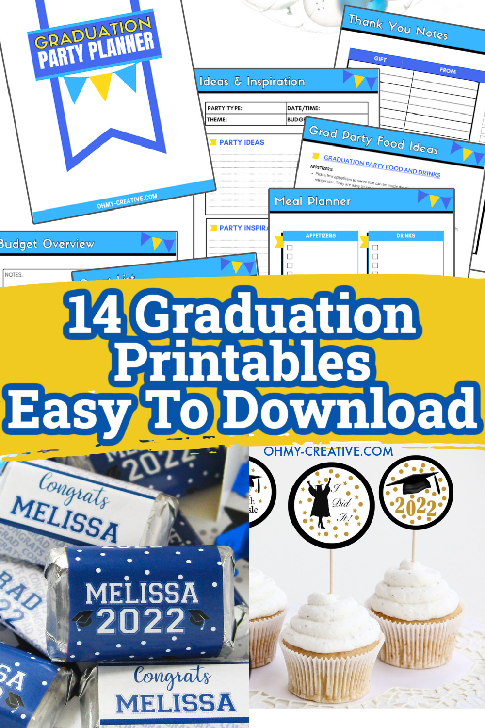 A collage of Graduation printables to use for a graduation party decorations, games and cupcake toppers.