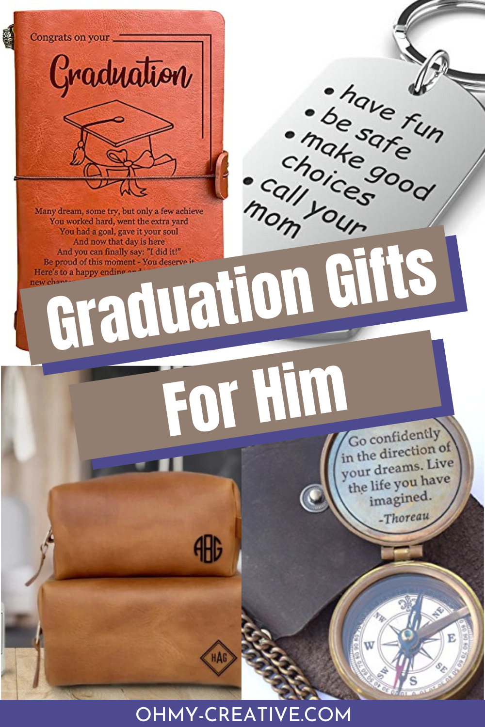 A collage of graduation gifts with for him including four photos of keychain, travel bag, compass and a journal.