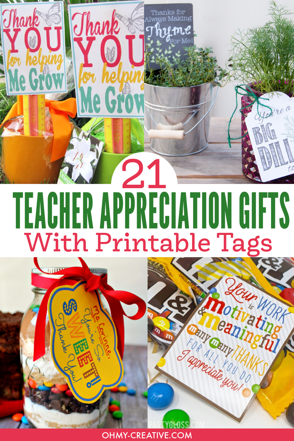 A collage of DIY teacher appreciation gift the printable tags to make homemade teacher gifts.