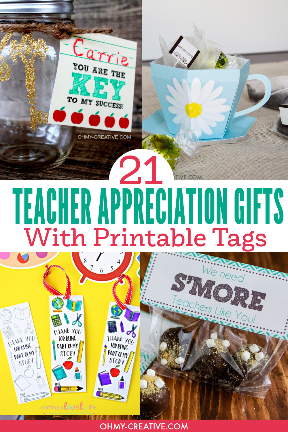 A collage of DIY teacher appreciation gift the printable tags to make homemade teacher gifts.