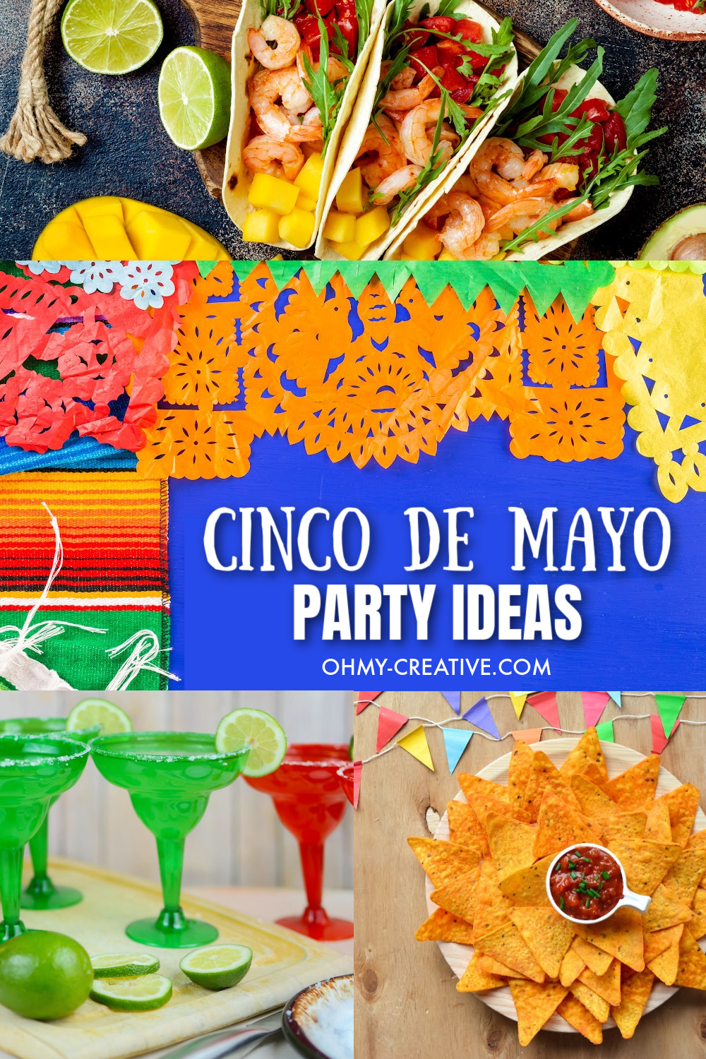 A collage of Cinco de Mayo party ideas including nachos, tacos and drinks .