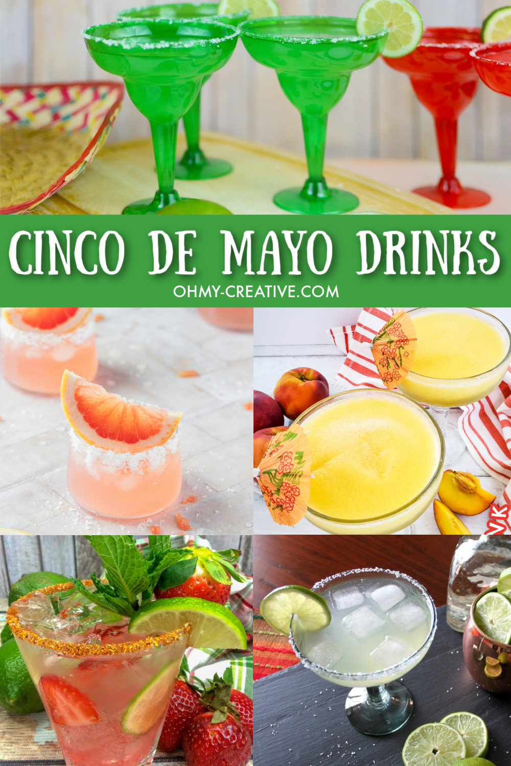 A collage of Cinco de Mayo drinks and cocktails including different margarita recipes.