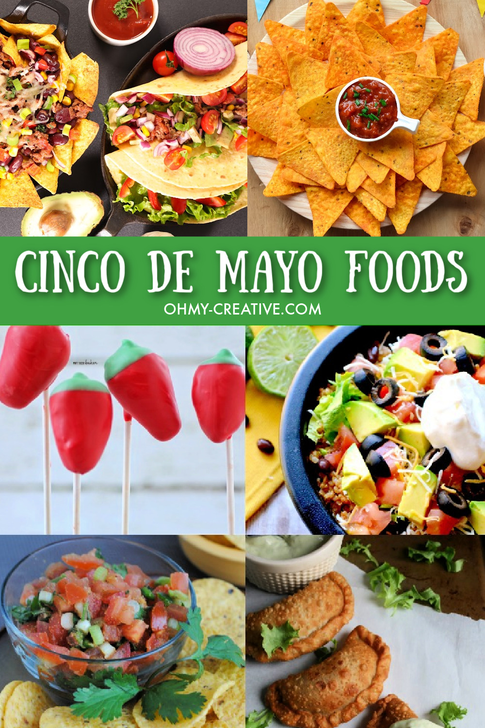 A collage of Cinco de Mayo foods including tacos, salsa, nachos and dessert.