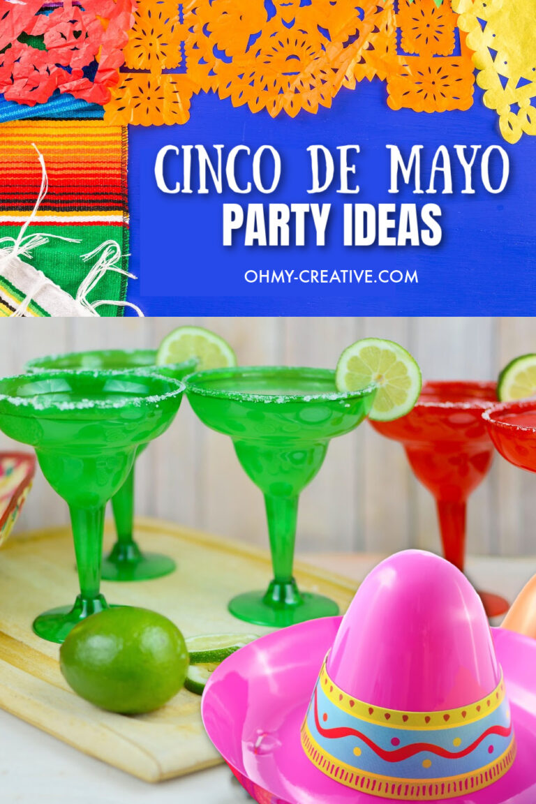 A collage of Cinco de Mayo party ideas including Mexican banner, drinks and decorations.