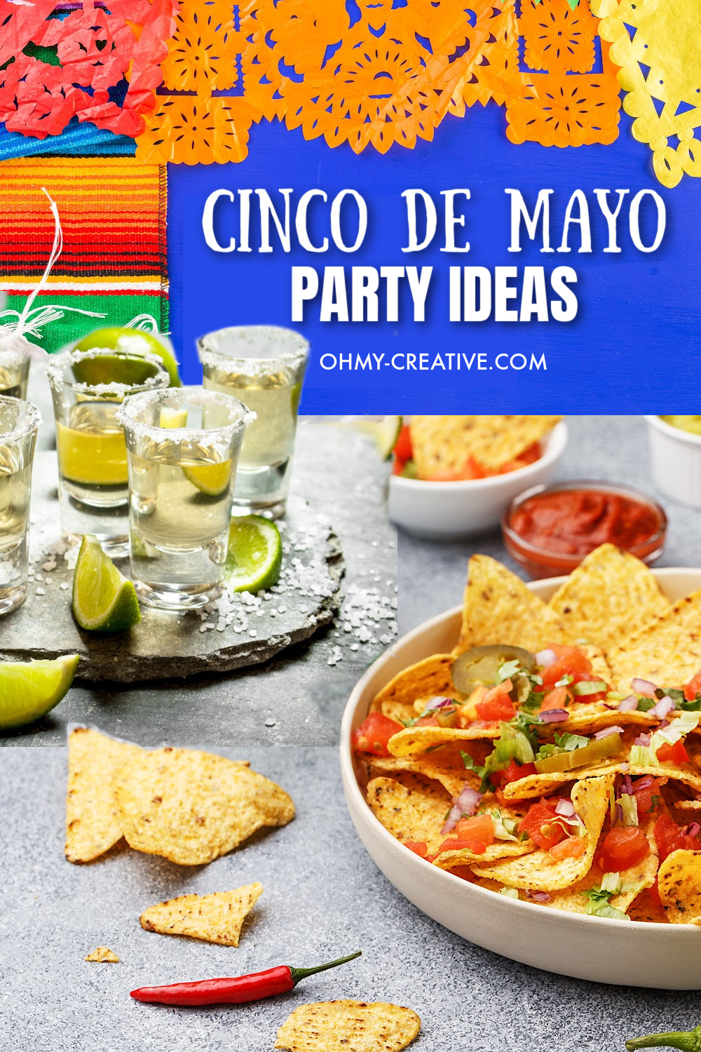 A collage of Cinco de Mayo party ideas including nachos, drinks and decorations.