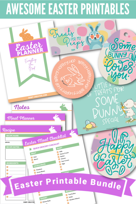 A collage of Easter printables including an Easter Planner printables, Easter Gift Tags, Easter treat bag toppers and more.
