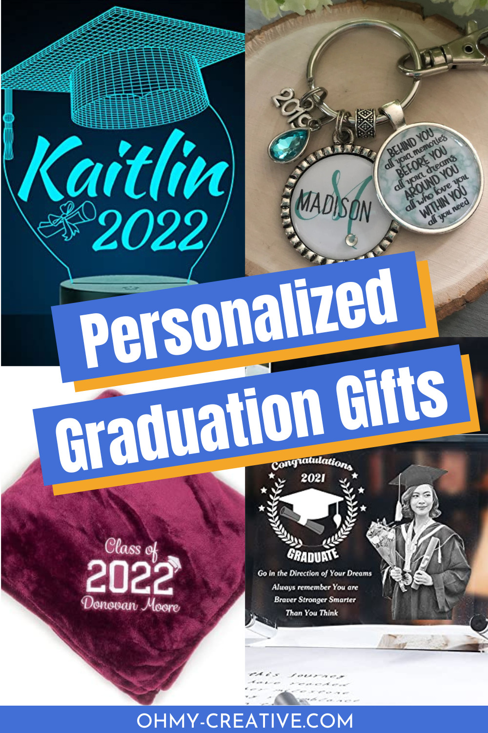 A collage of personalized graduation gifts including tumblers, plaques and more.