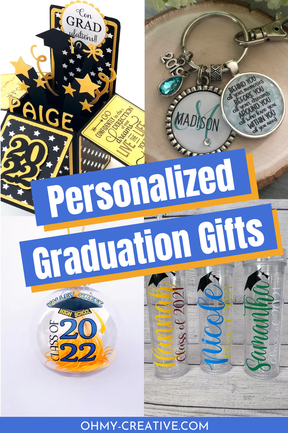 A collage of personalized graduation gifts including tumblers, plaques and more.