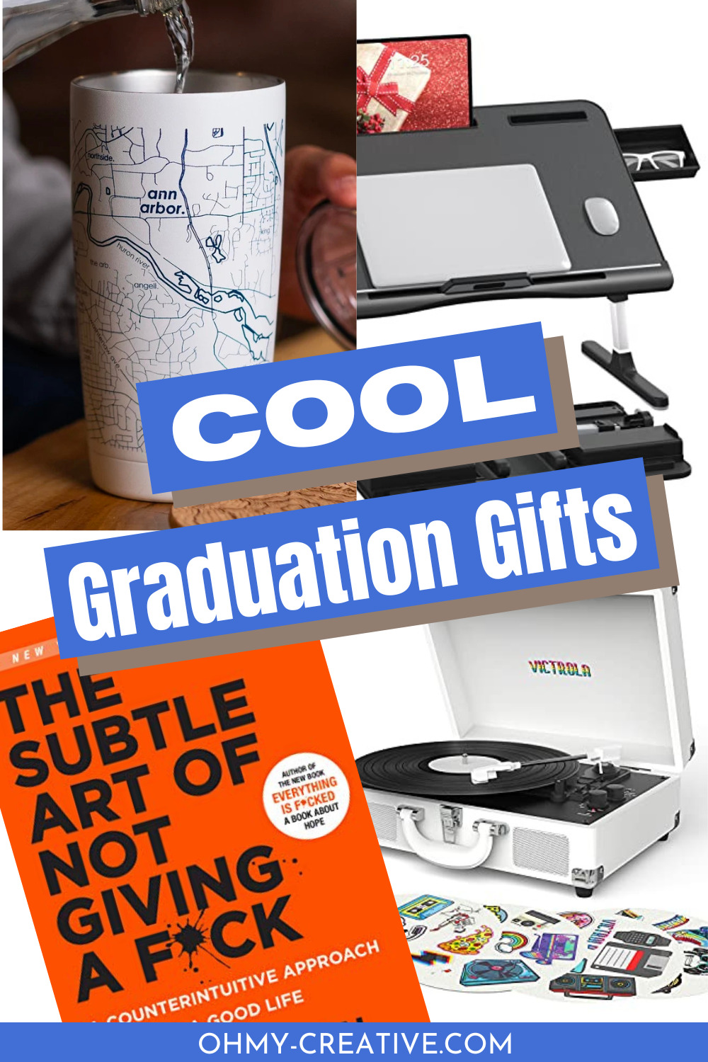 A collage of cool graduation gifts to give.