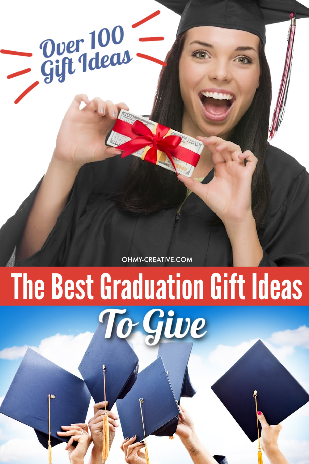 Over 100 graduation gift ideas to give the graduate. One girl holding a wrapped graduation gift and a group of graduation caps are held in the air celebrating.