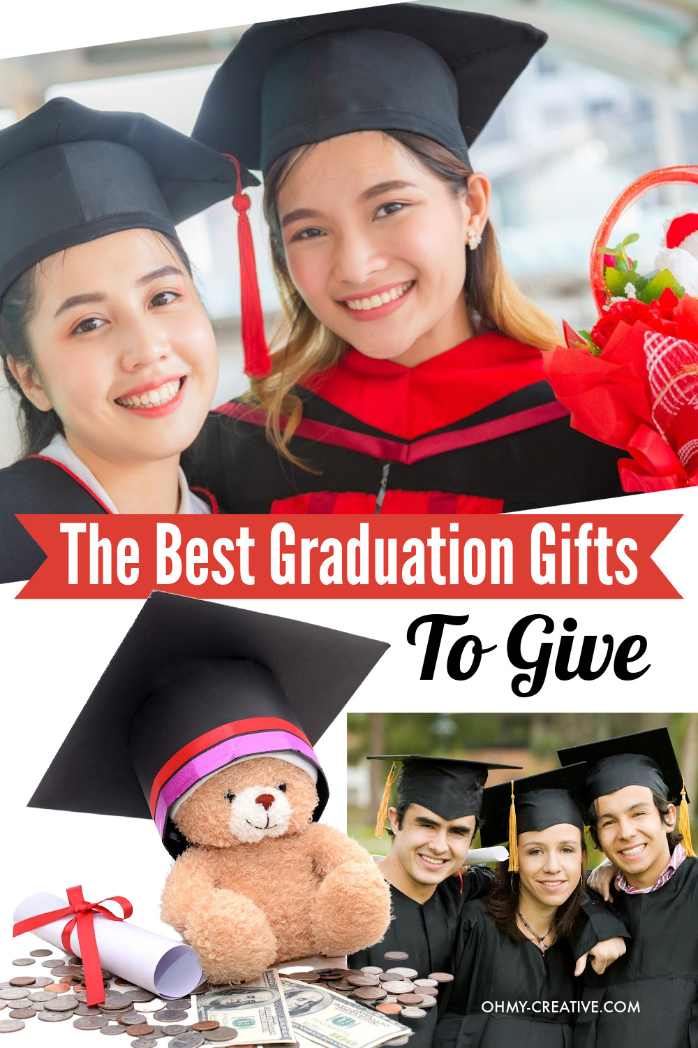 A collage of graduation gift ideas while groups of students take photos with groups of friends!