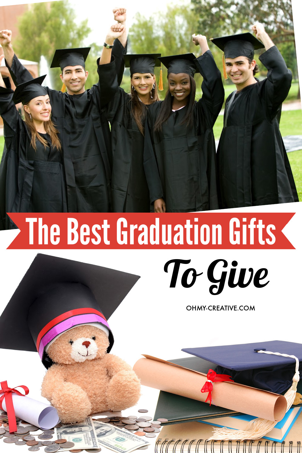 A collage of graduation gift ideas while a group of grads cheering and celebrating graduation!