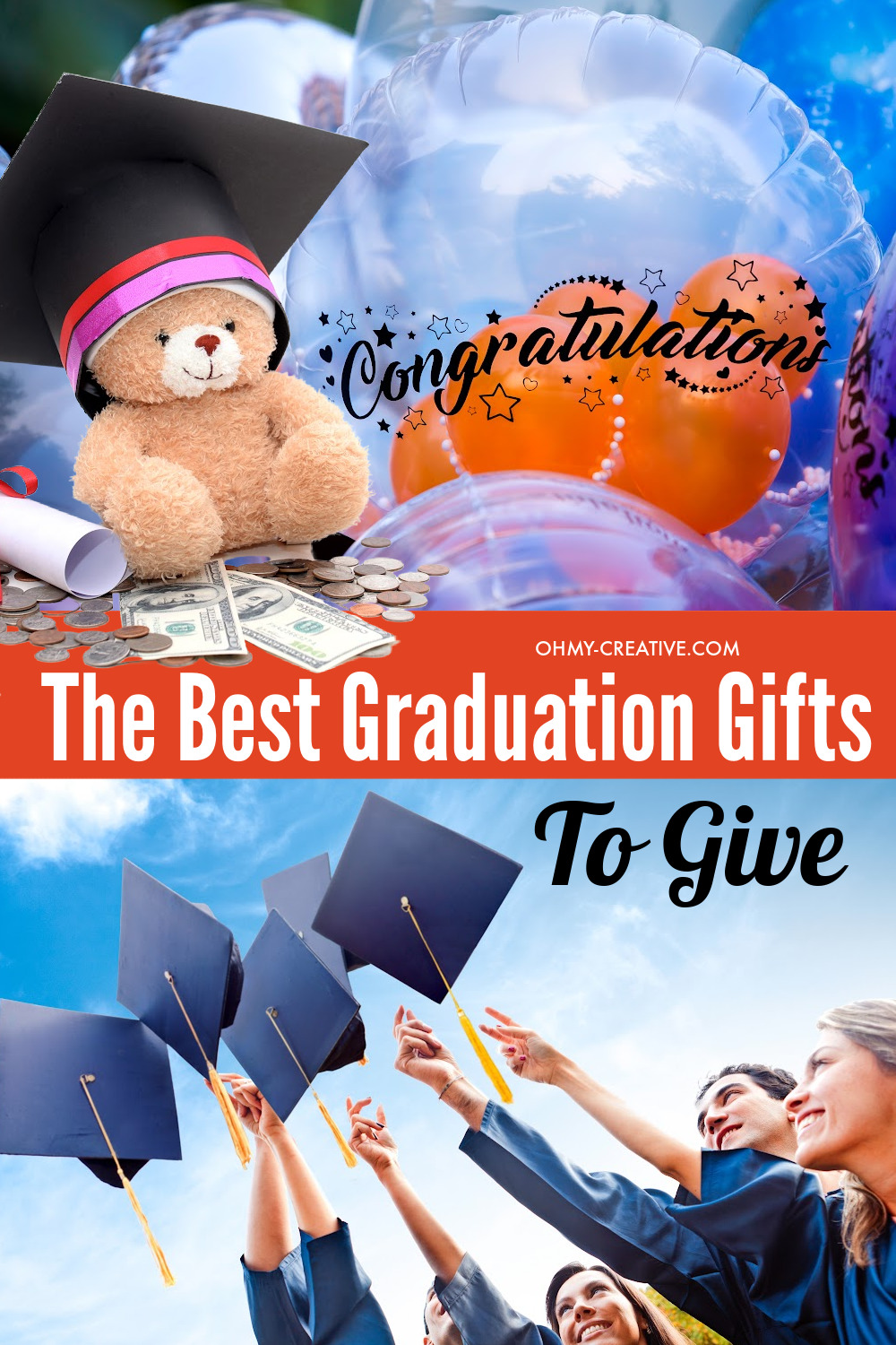 A collage of graduation gift ideas while a group of grads throw graduation caps in the air celebrating graduation!