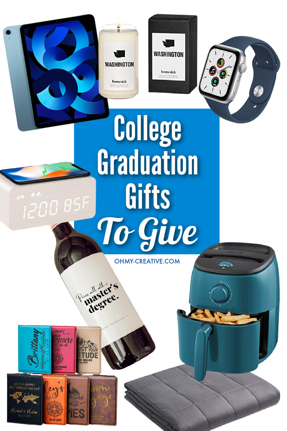 A collage of great college graduation gift ideas to give!