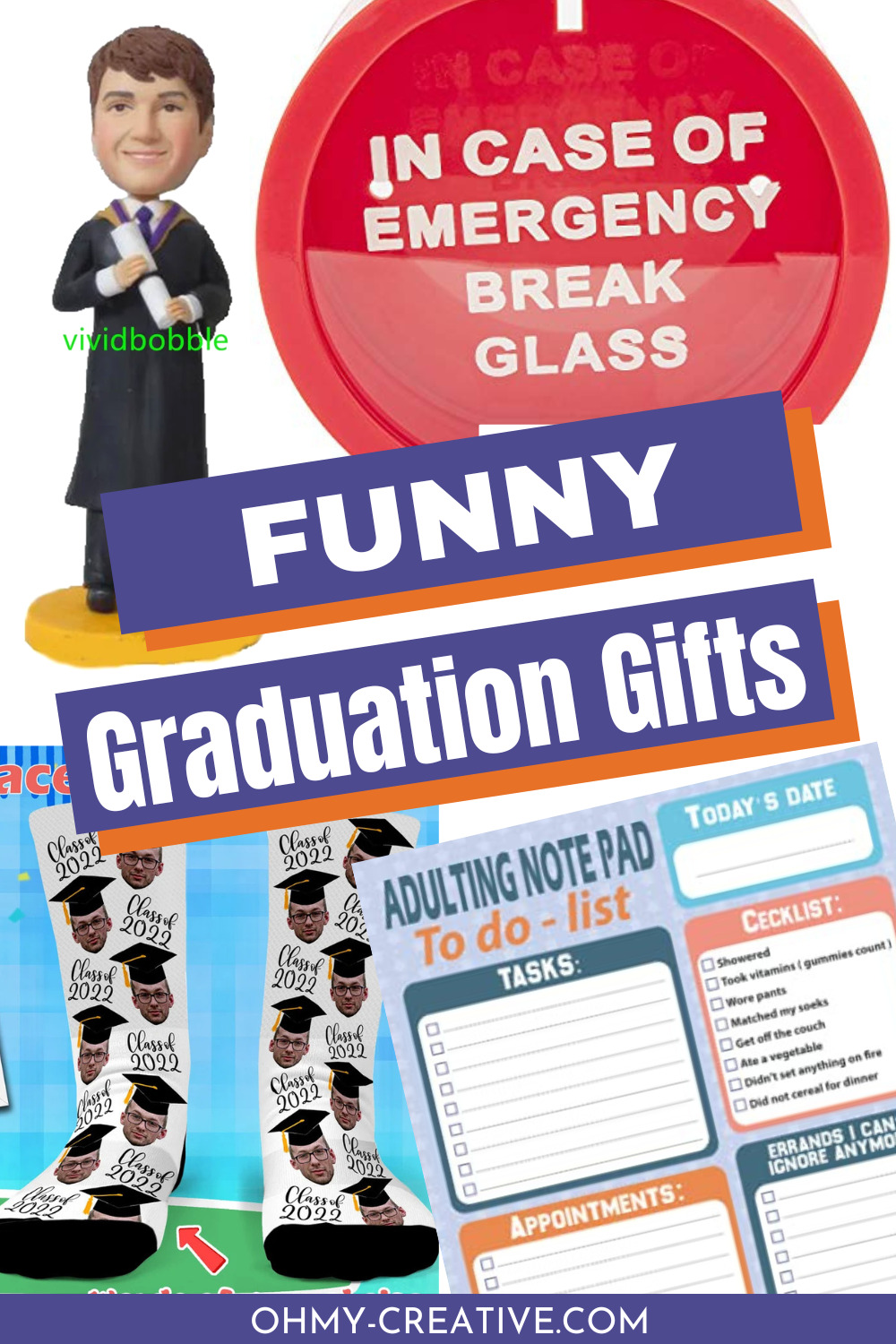 A collage of funny graduation gifts to give to the grad.
