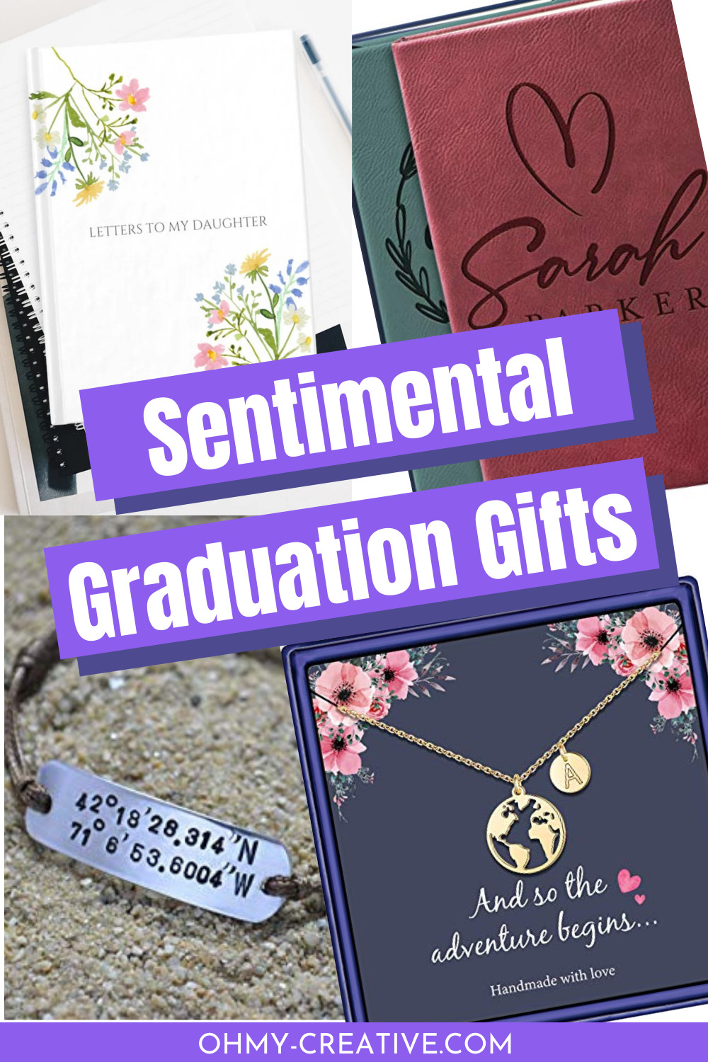 A collage of great sentimental graduation gifts including jewelry, journals and words from mom.