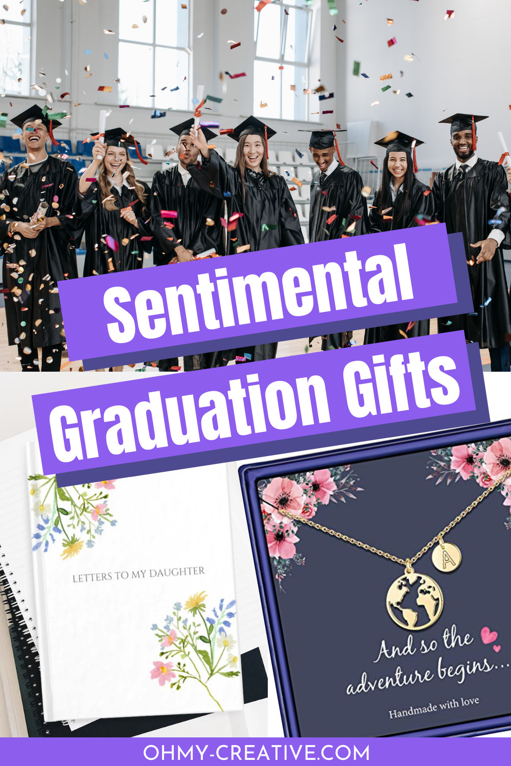 A collage of grads celebrating along with a few sentimental graduation gifts.