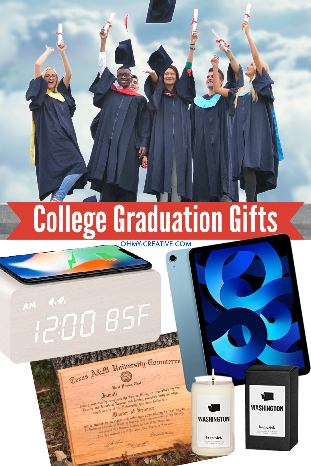 A group or grads celebrating and cheering. Below are great college graduation gift ideas to give!