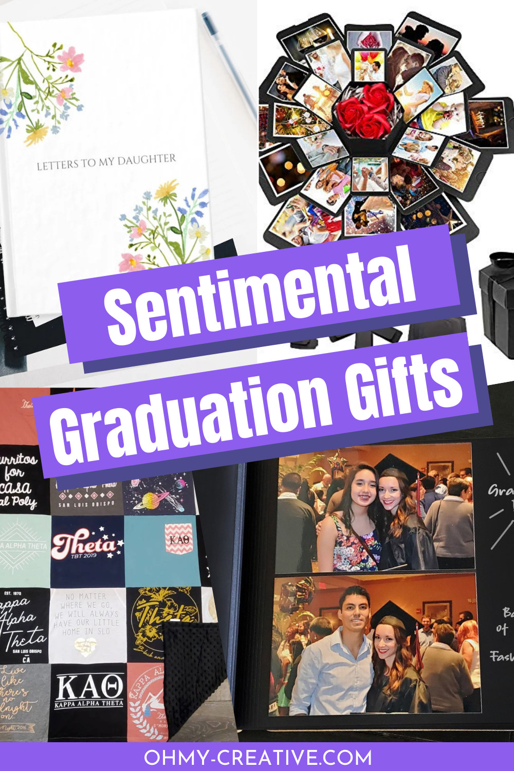A collage of great sentimental graduation gifts including a quilt made from t-shirts, scrapbook of school photos, journals and words from mom.
