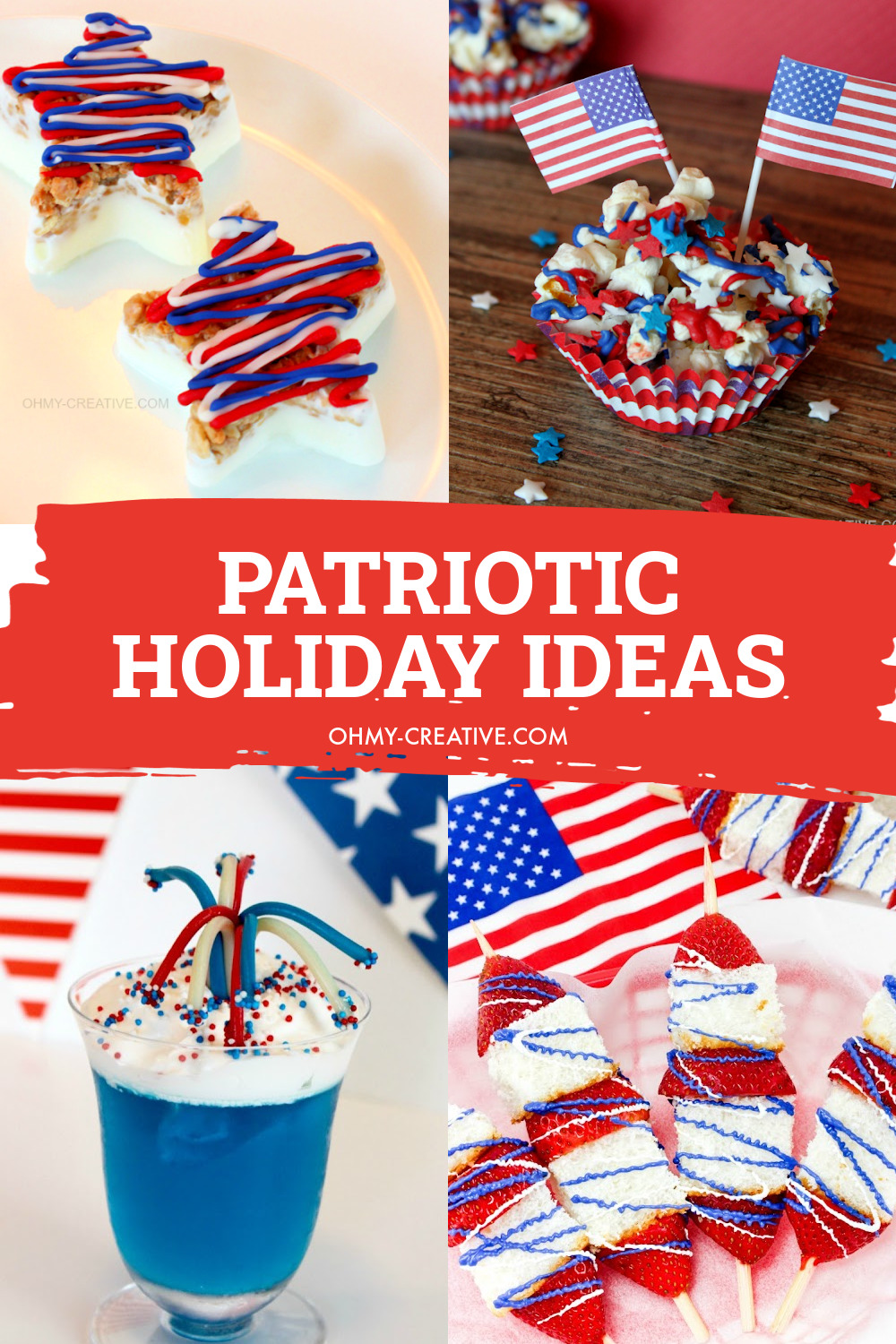 a collage of patriotic desserts and treats in red, white and blue.