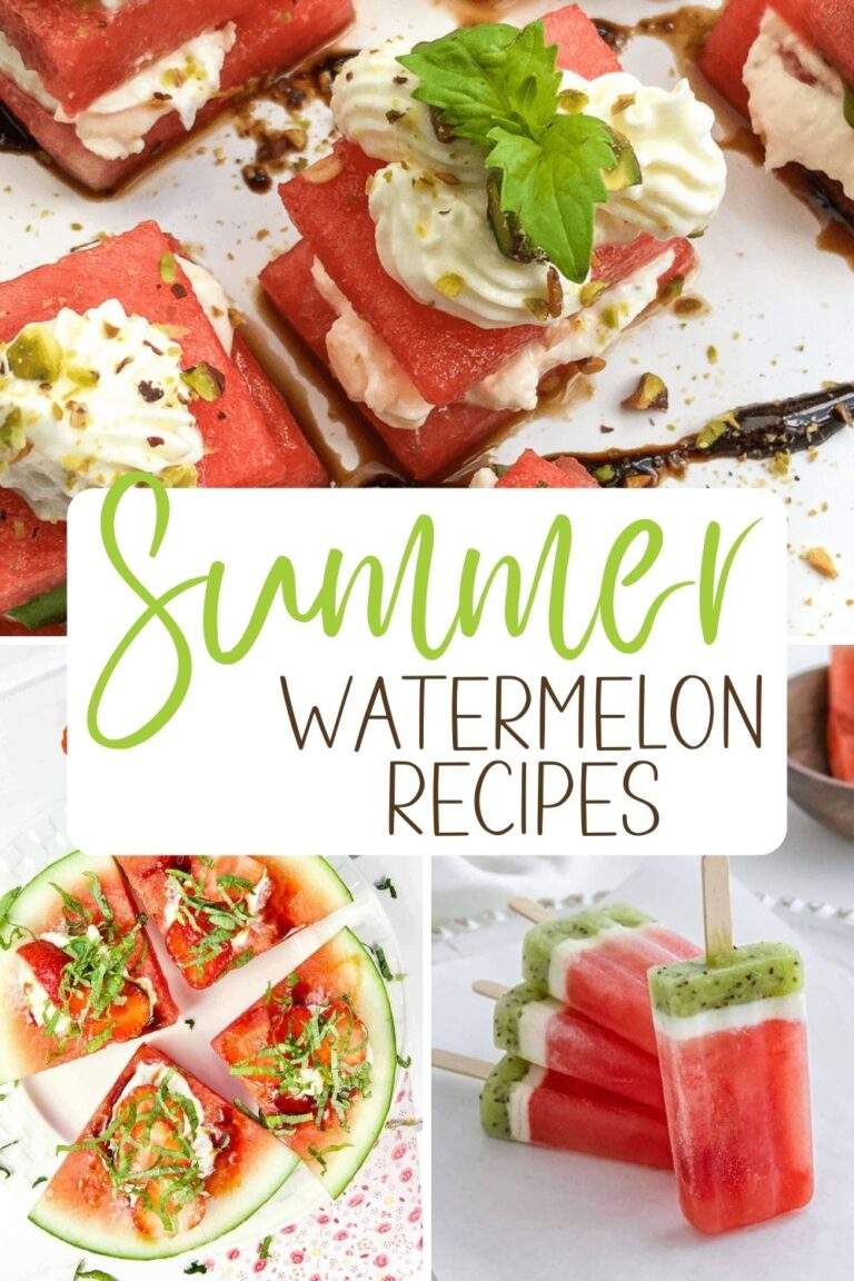 A collage of summer watermelon recipes including watermelon feta bites, watermelon popsicles and watermelon pizza!