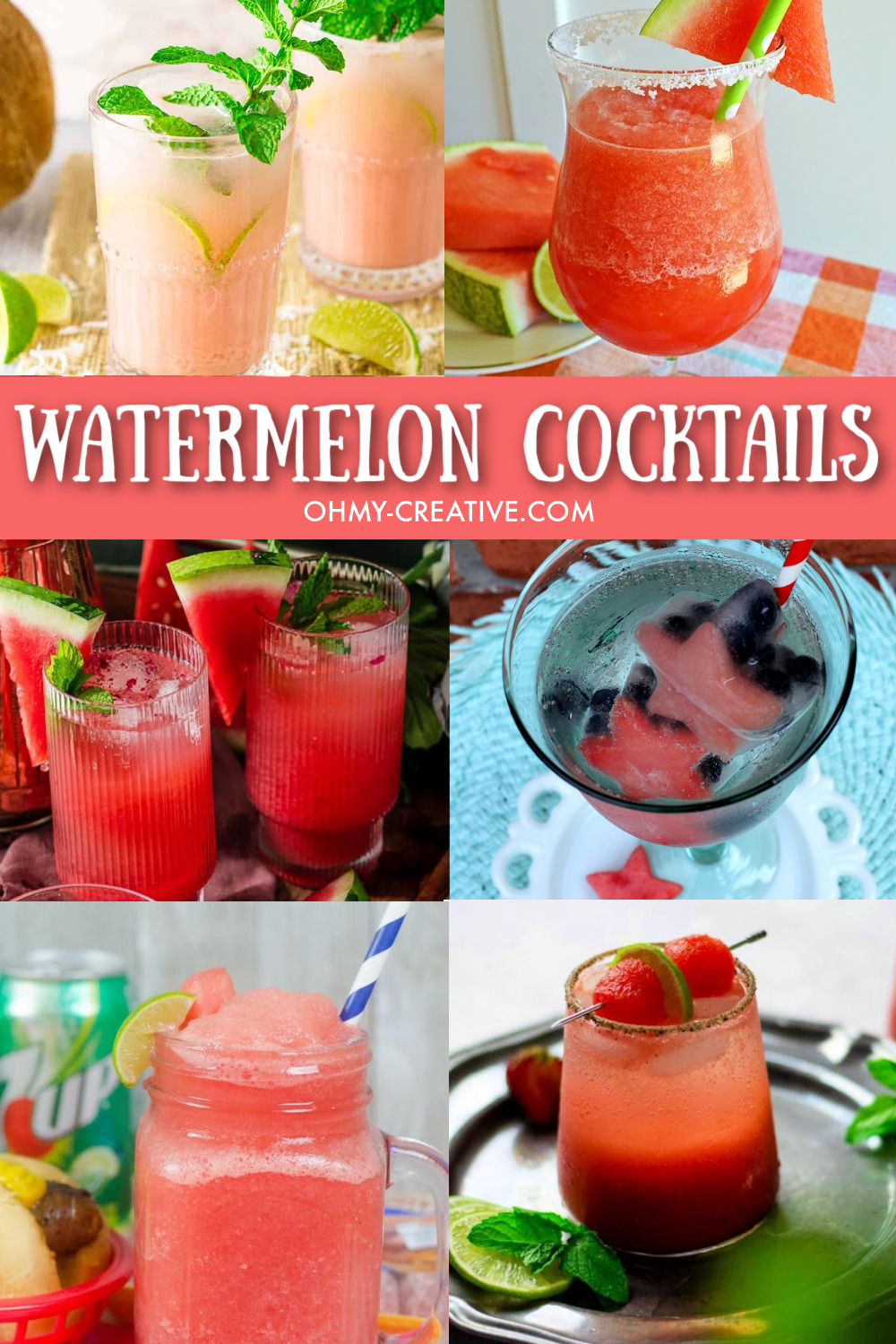 Here is a great collage of watermelon cocktails to enjoy all summer long including watermelon margaritas and watermelon vodka drinks!