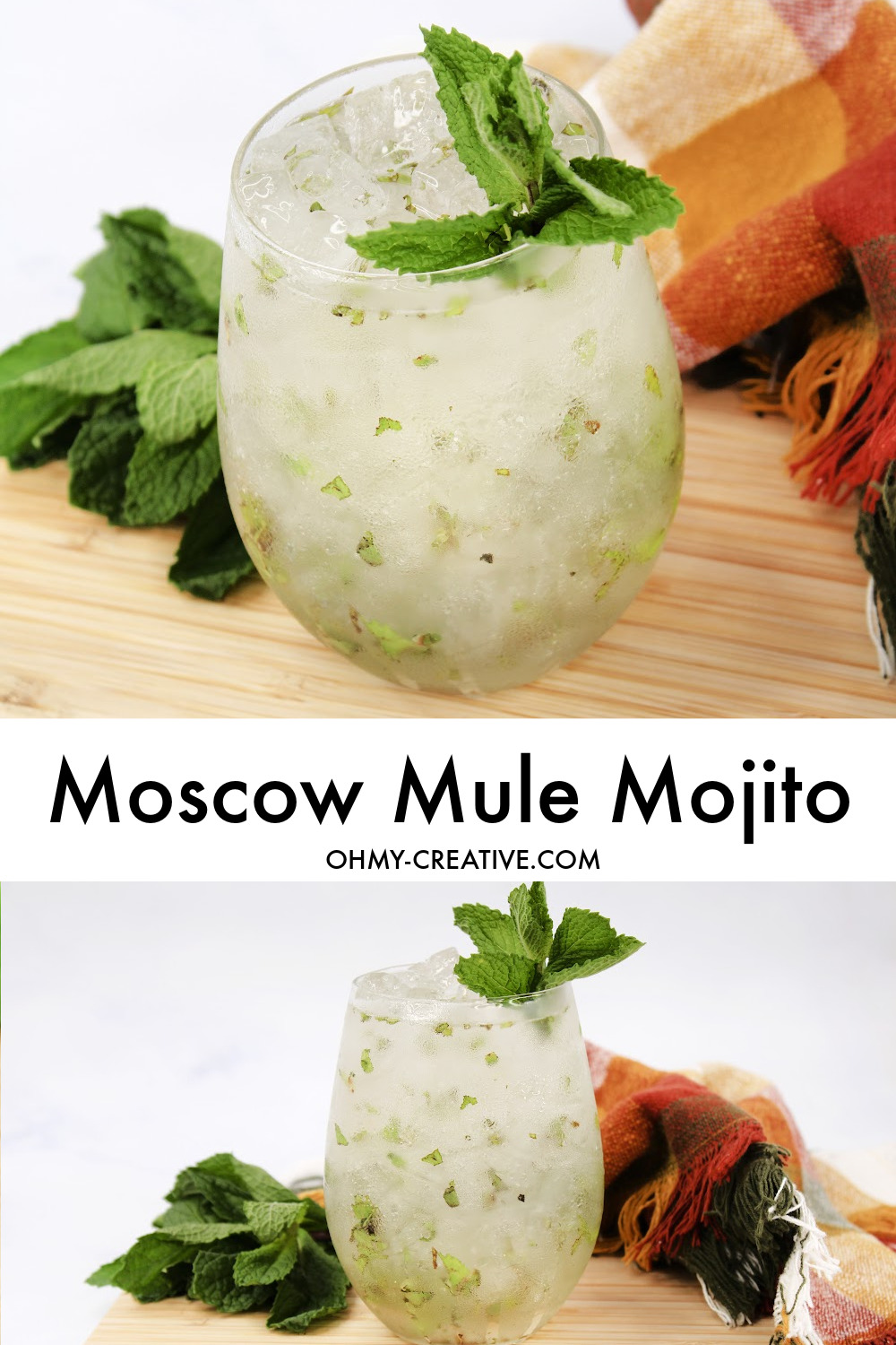 This Moscow Mule Mojito is displayed on a natural wood cutting board with mint and a orange plaid dish towel. A great ginger beer drink!