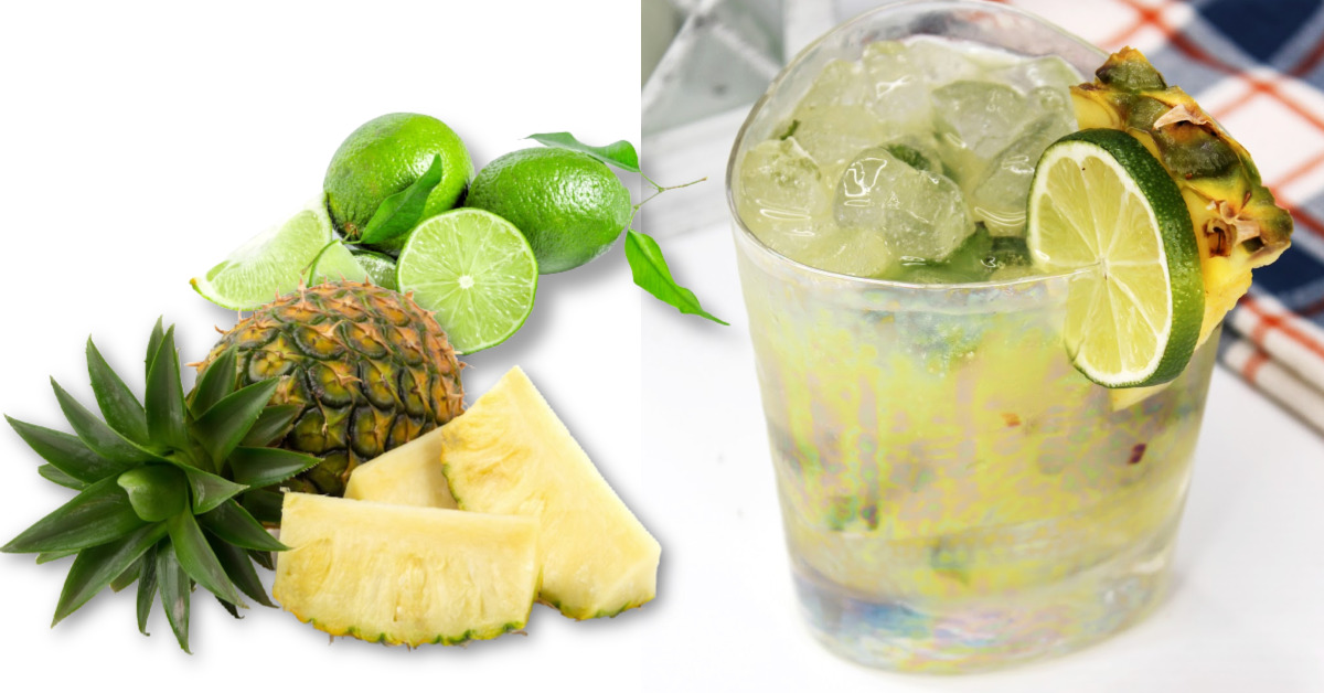 This pineapple mojito is garnished with a slice of lime and fresh pineapple. Also, in the photo is a whole pineapple and additional pineapple chunks.