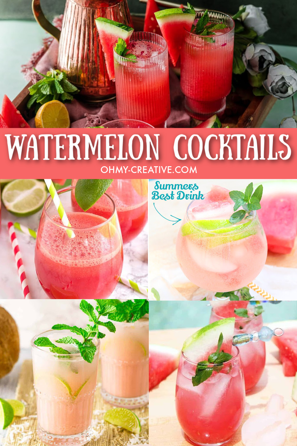 Here is a great collage of watermelon cocktails to enjoy all summer long including watermelon mojitos!