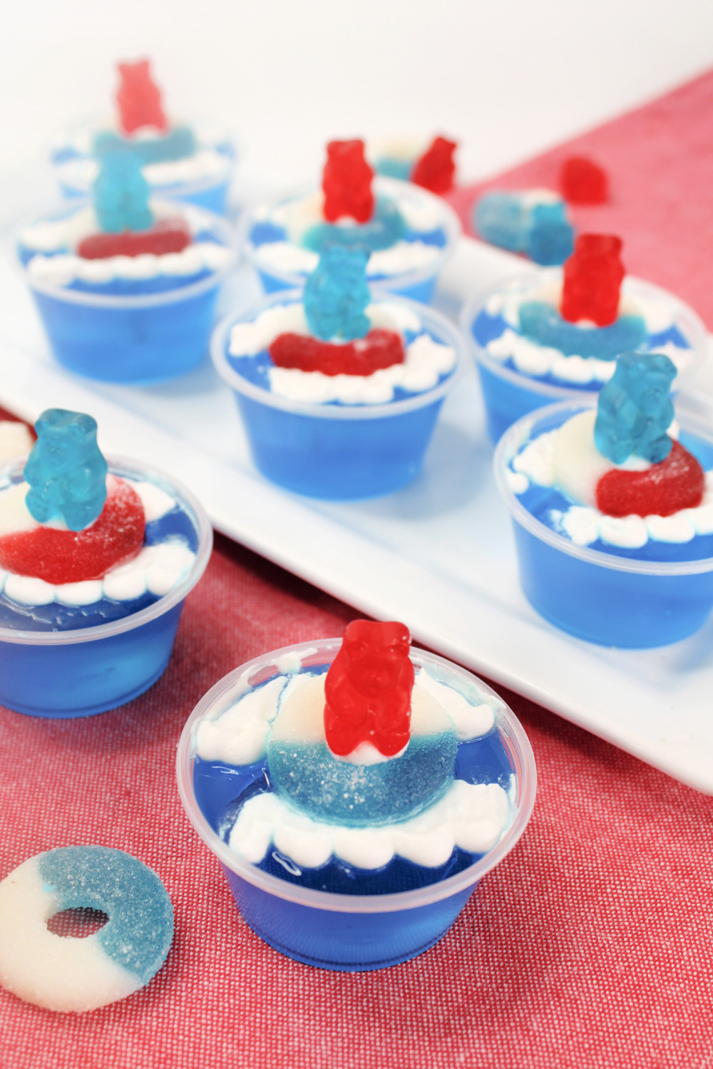 Fun beach party jello shots using gummy bears in red, white and blue!