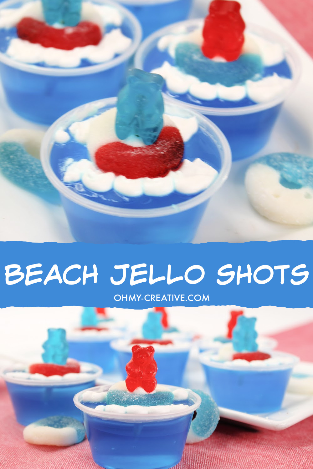 Fun beach party jello shots using gummy bears gummy lifesavers as pool floats in red, white and blue!