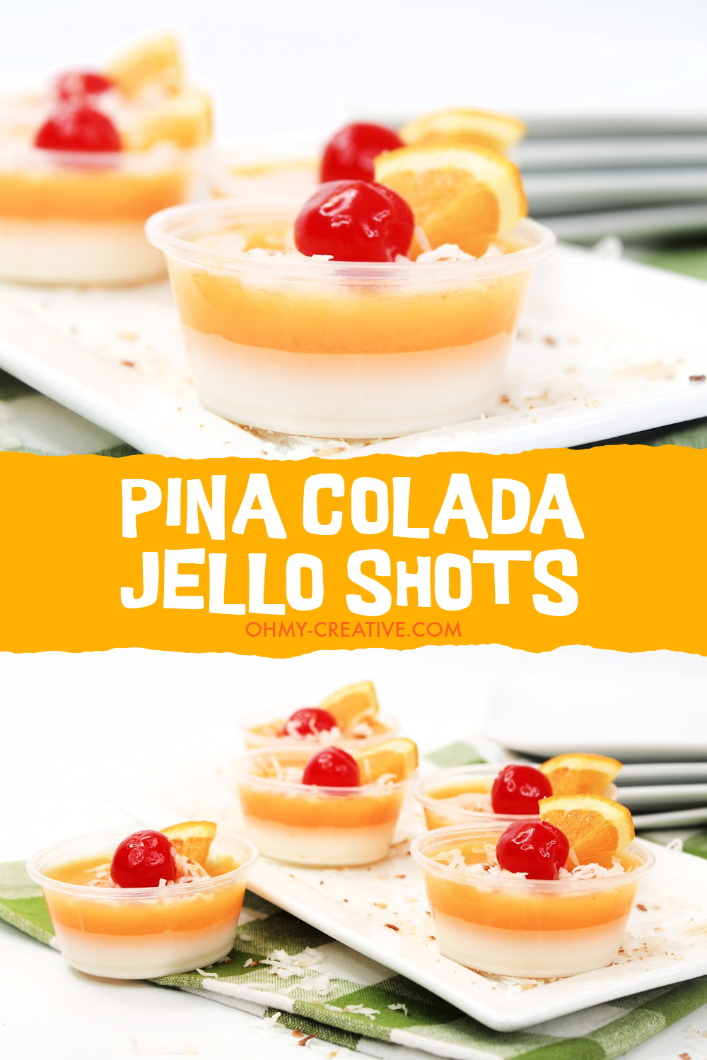 Pina Colada jello shots served on a white plate with a green checked napkin.