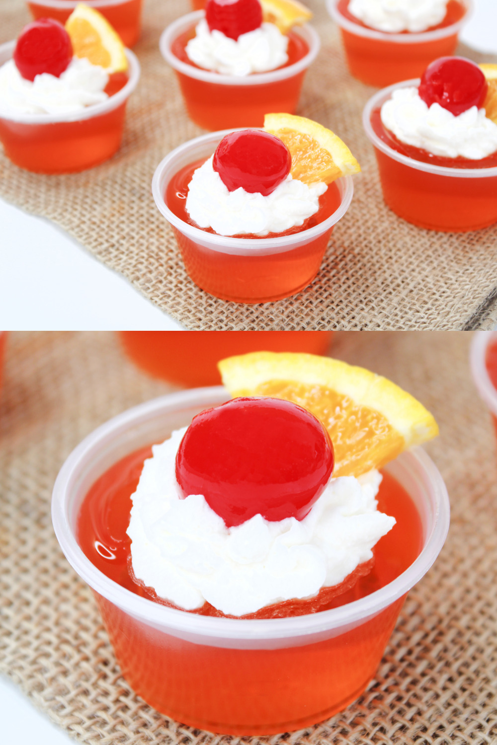 Orange jello shots - sex on the beach jello shots garnished with whipped cream, a cherry and orange wedge on a burlap background.