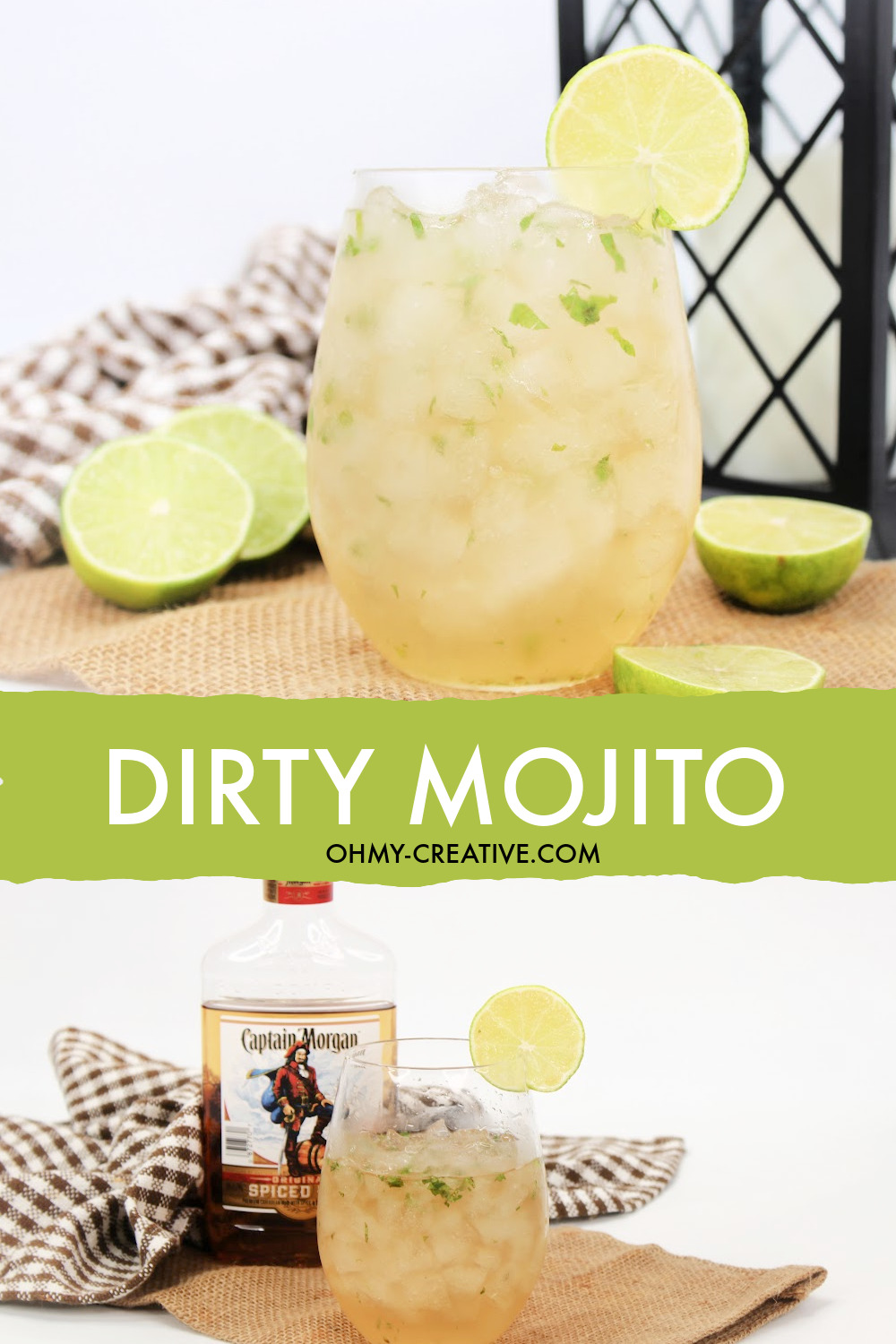 This dirty mojito cocktail is sitting on a burlap background with a black and white checked napkin and a black summer lantern. Garnished include slices of lime. Also at the bottom is an image of the dirty mojito ingredients.